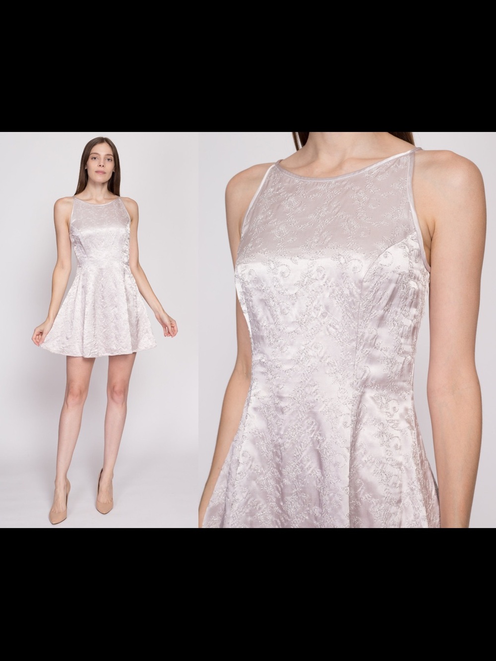 Jessica McClintock Sleeveless Jacquard Mini Dress in Pale Silver